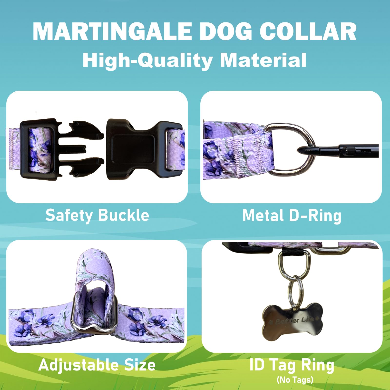 Fidohug collar martingale floral lila, detalle de hebilla y liberación rápida.