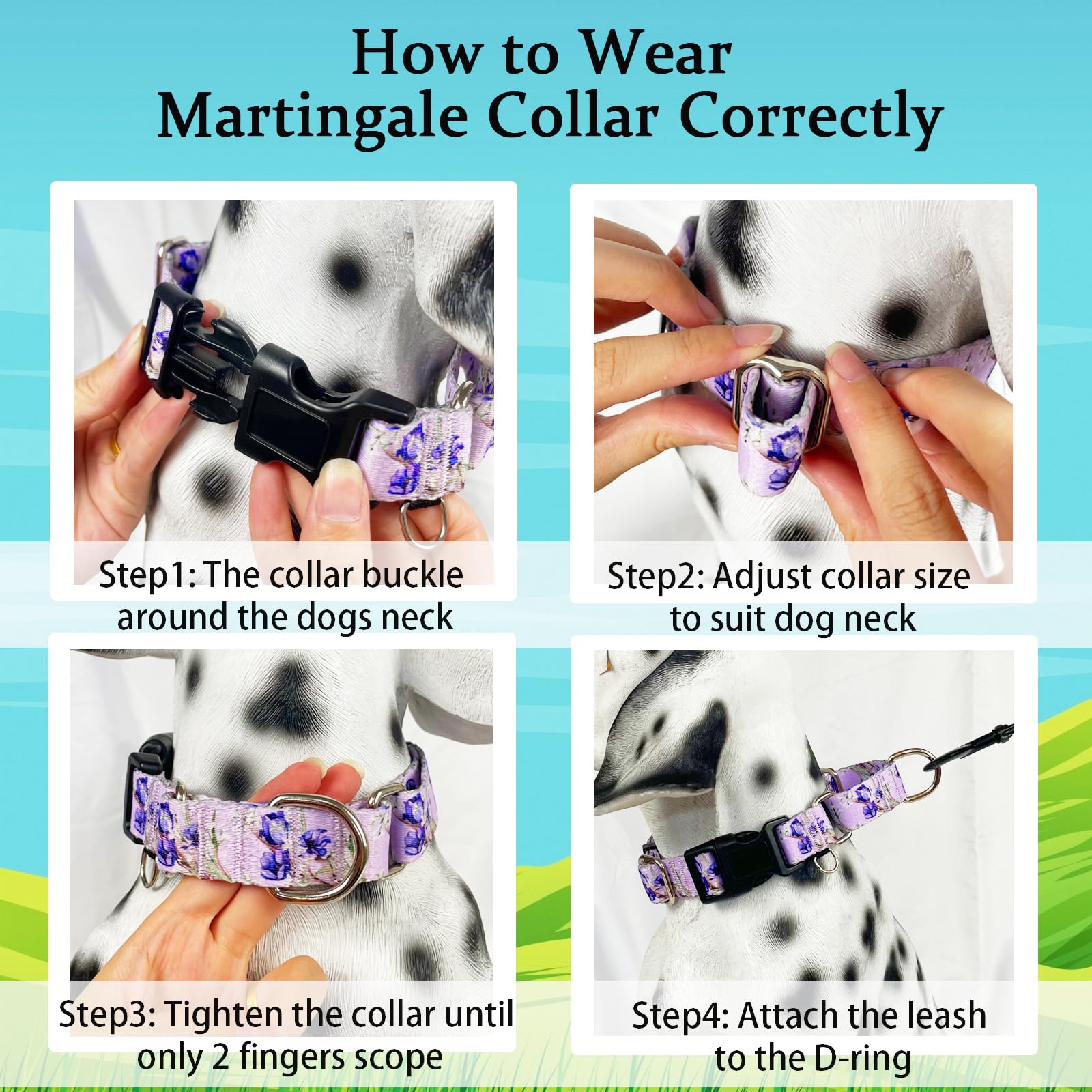 Fidohug collar martingale floral lila, textura y costuras en primer plano.