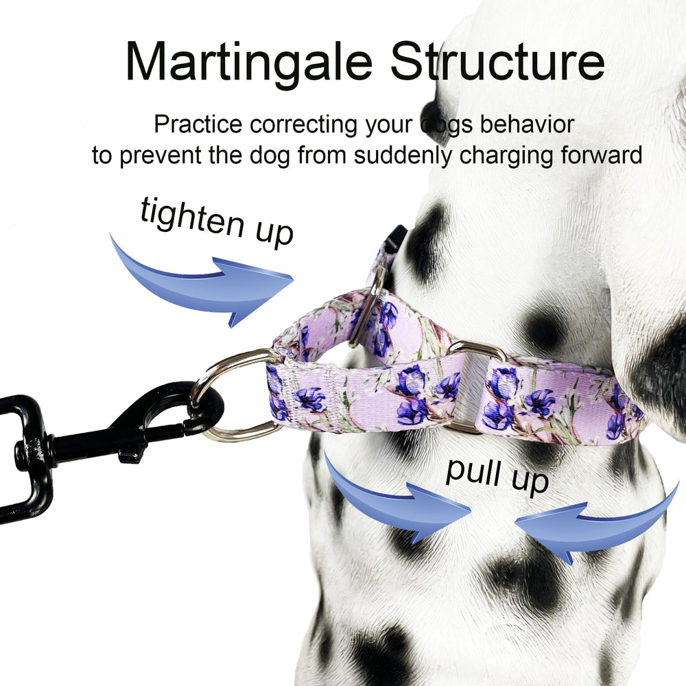 Fidohug collar martingale floral lila, vista trasera destacando diseño.