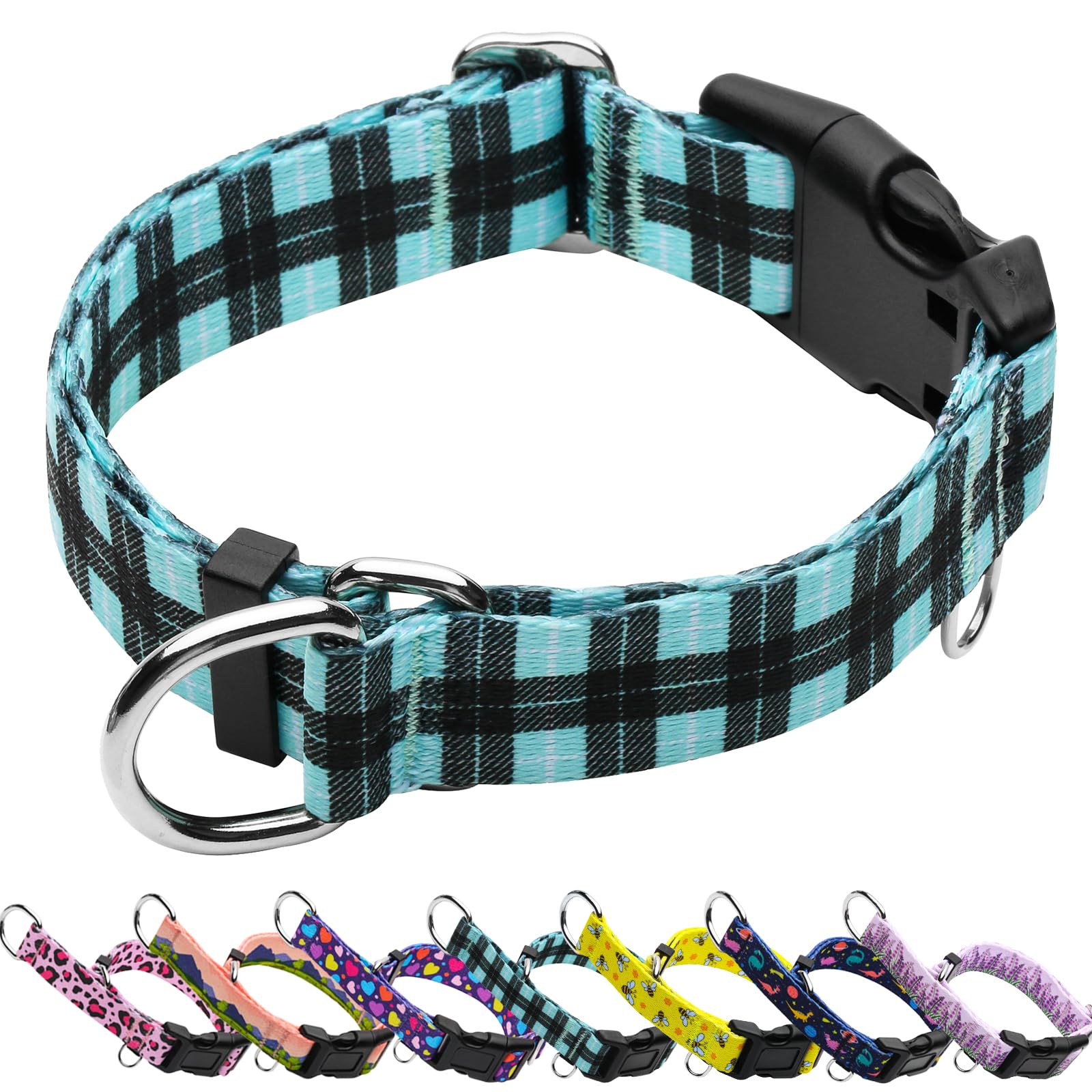 Collar fidohug martingale con hebilla azul cuadriculado, ideal para paseos firmes
