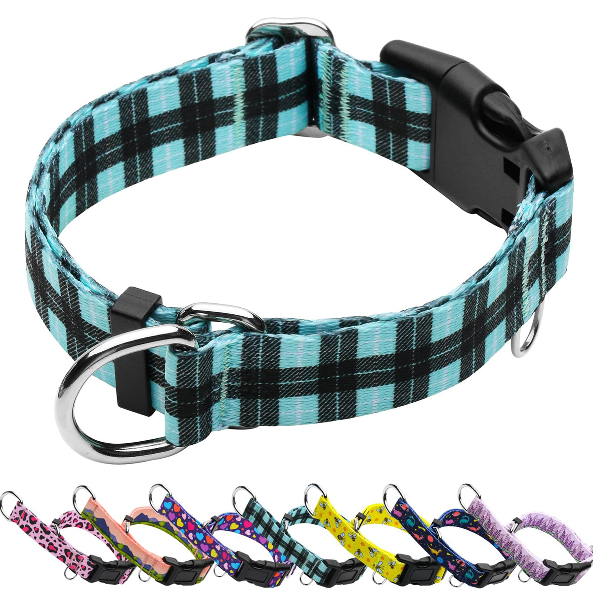 Collar fidohug martingale con hebilla azul cuadriculado, ideal para paseos firmes