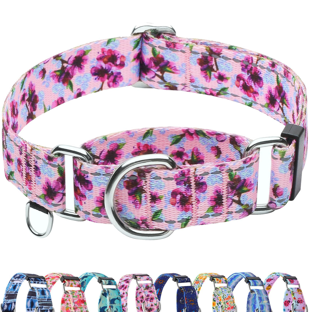 Fidohug collar martingale reflectivo con flor púrpura, mayor visibilidad nocturna.