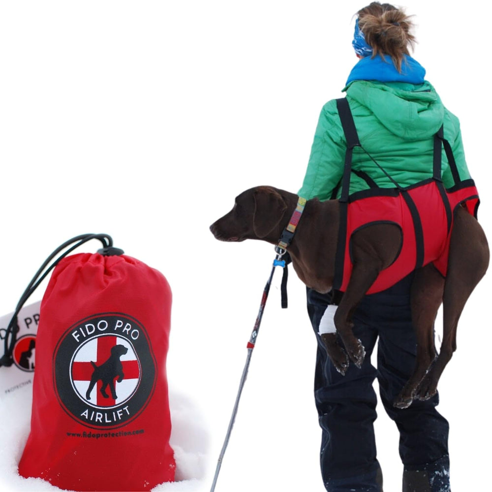 Fido Pro Airlift sling de emergencia para perro en senderos, ideal para rescates.