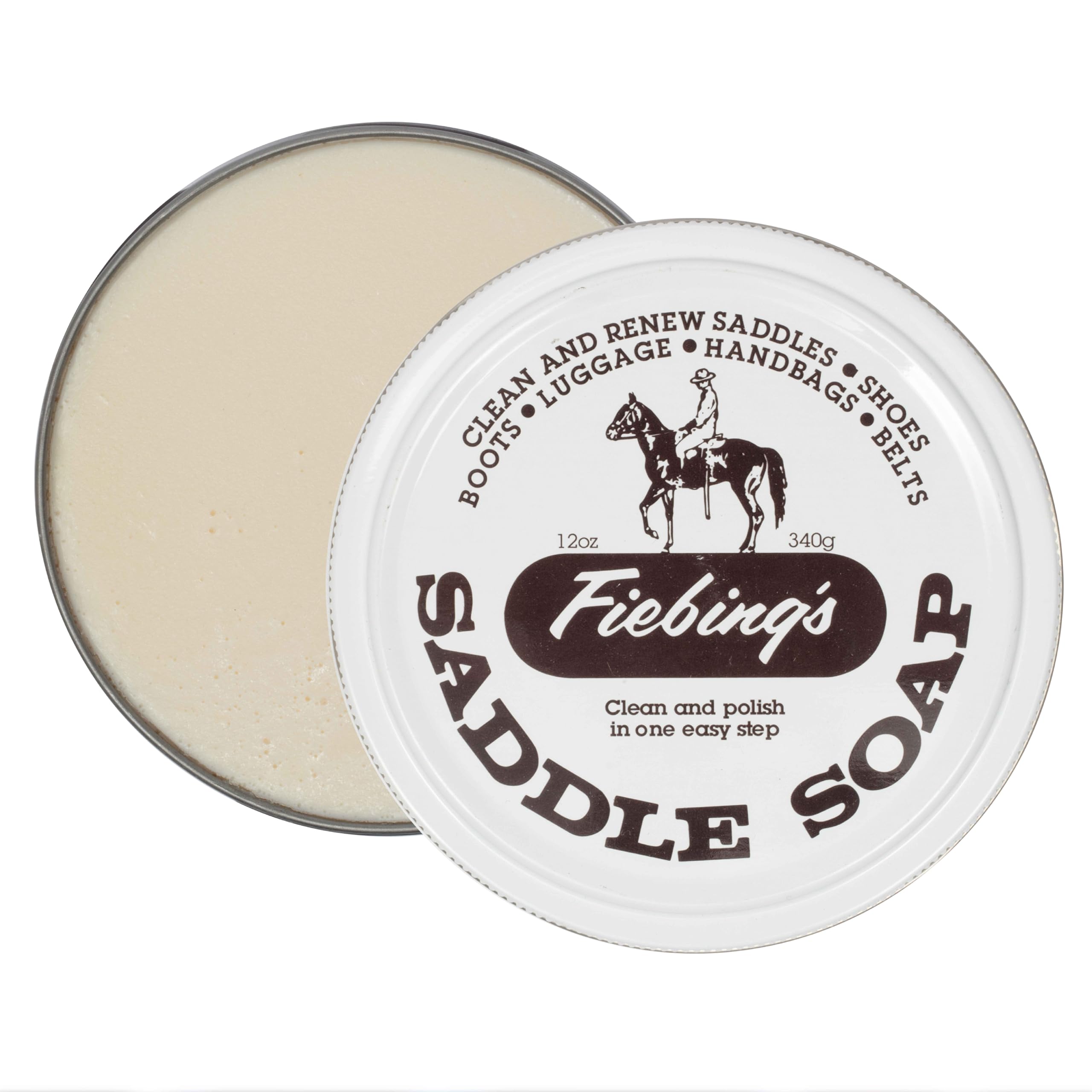 Fiebing's Saddle Soap en lata blanca, ideal para limpieza del cuero.