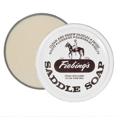 Fiebing's Saddle Soap en lata blanca, ideal para limpieza del cuero.