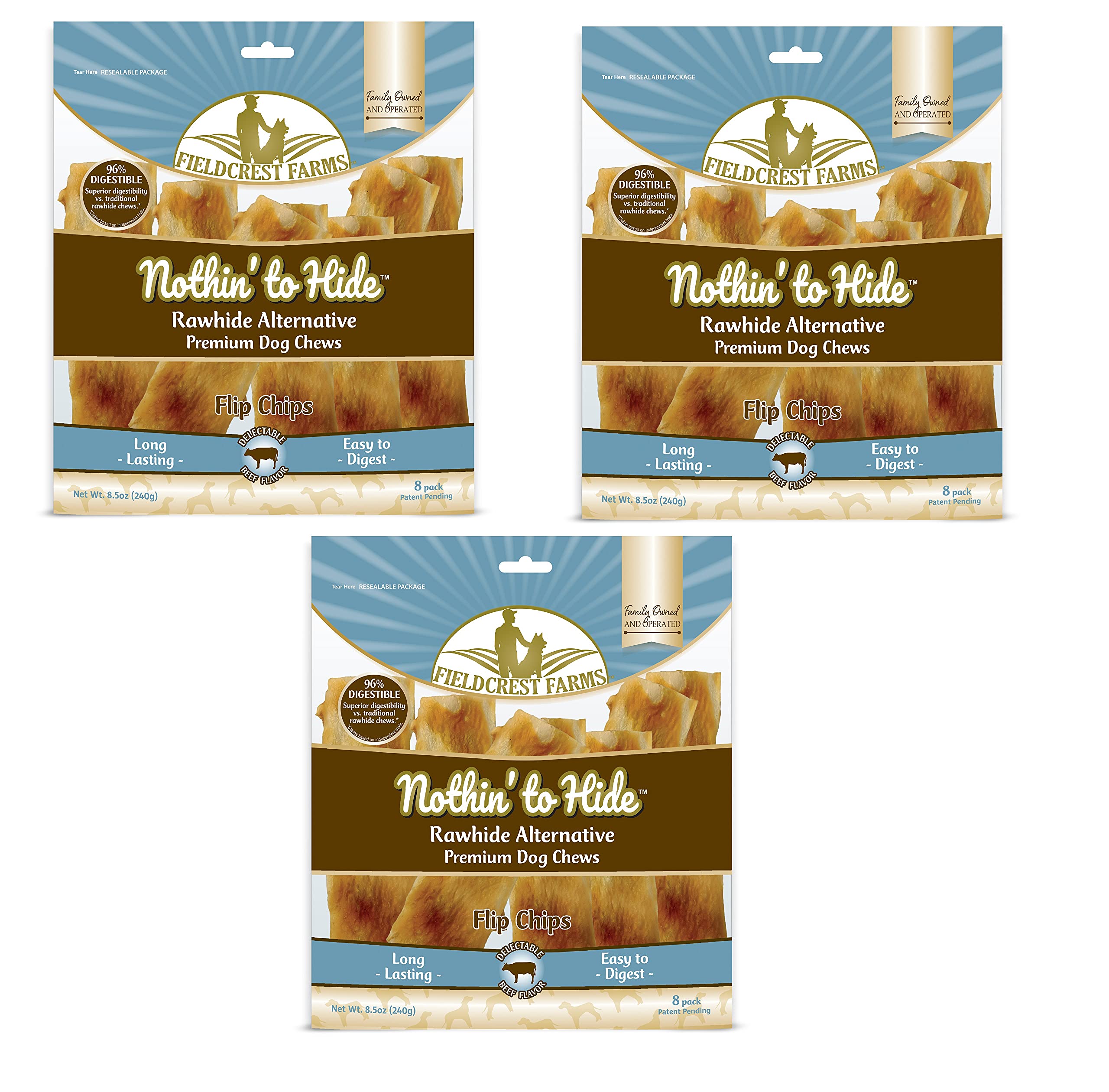 Fieldcrest Farms Nothin to Hide Flip Chips de res, empaque visible para masticación segura.