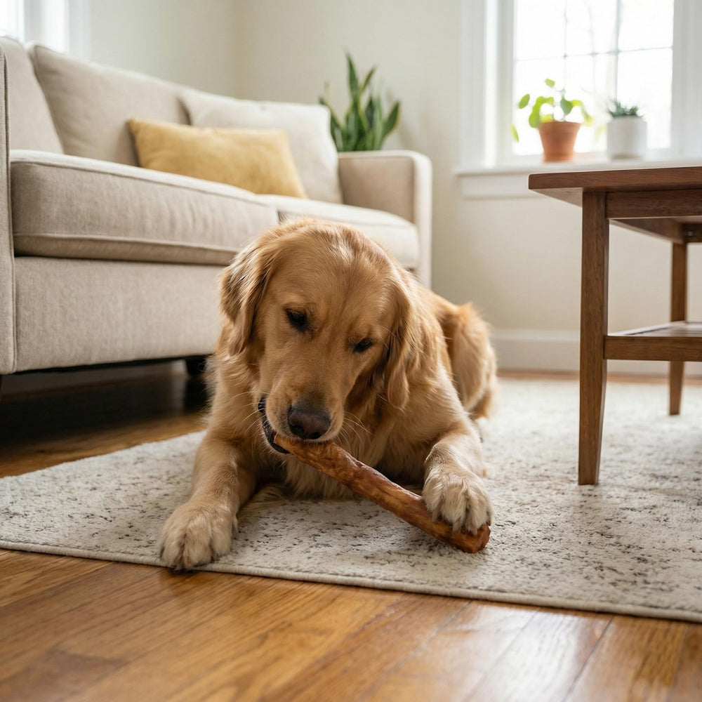 Perro masticando Nothin’ to Hide, beneficio posible de limpieza dental.