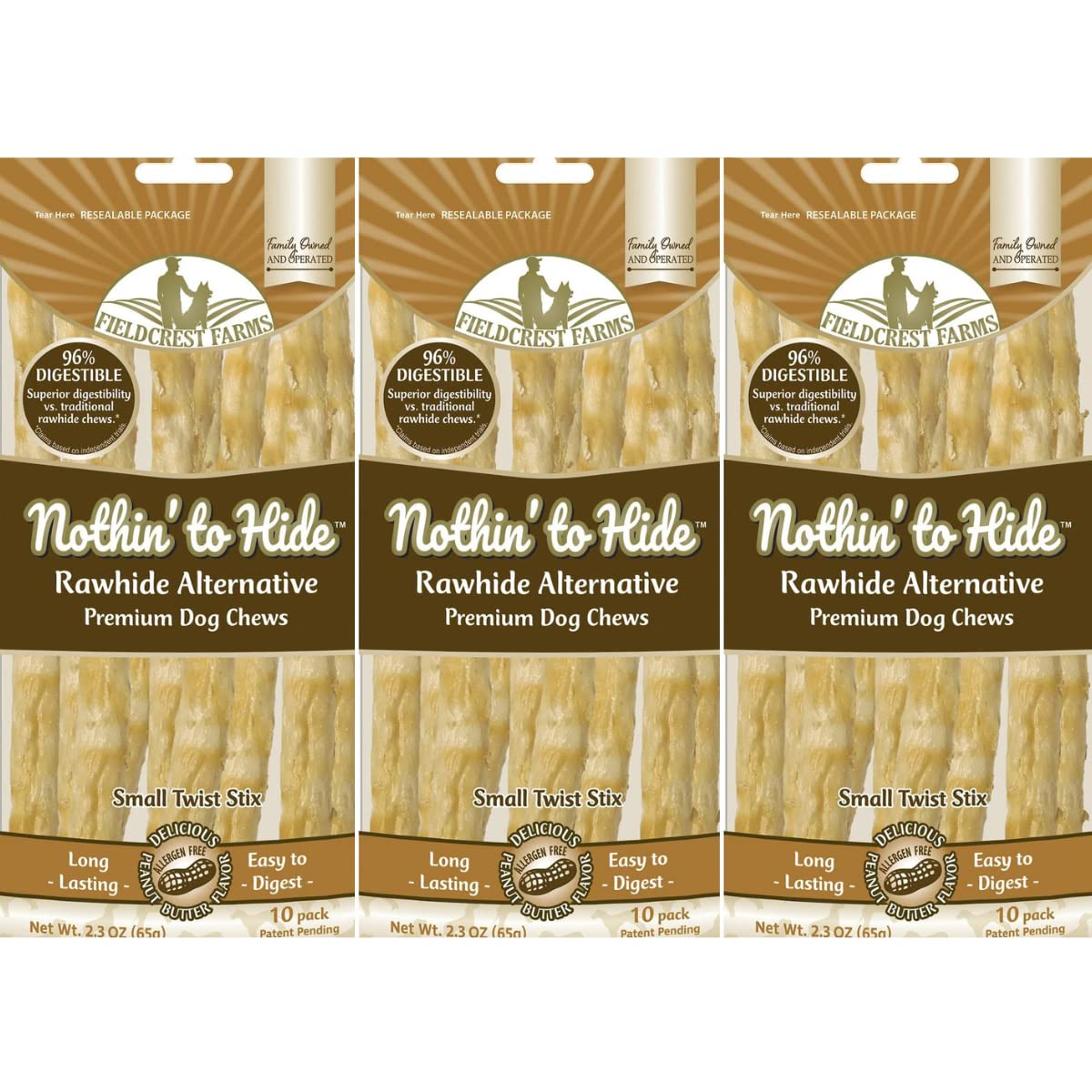Fieldcrest Farms Nothing to Hide palitos twist mantequilla de maní, snack proteico para perros, fácil de digerir.