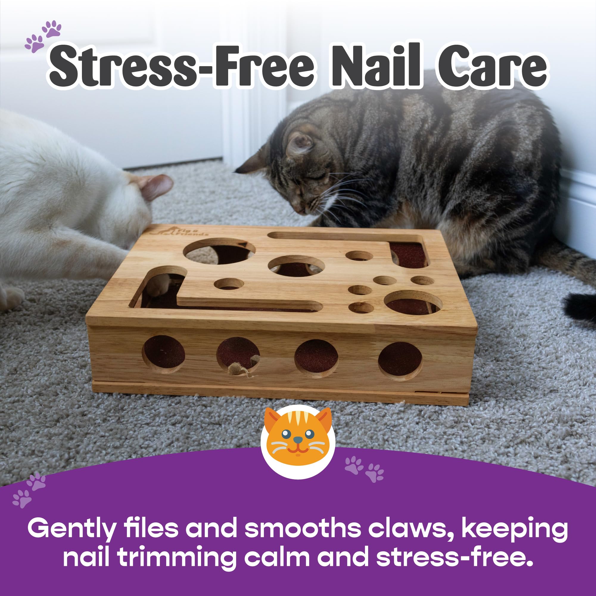 Fig & Friends, caja-enriquecimiento-garras-gato: superficie de rascar para juego interactivo y calma.