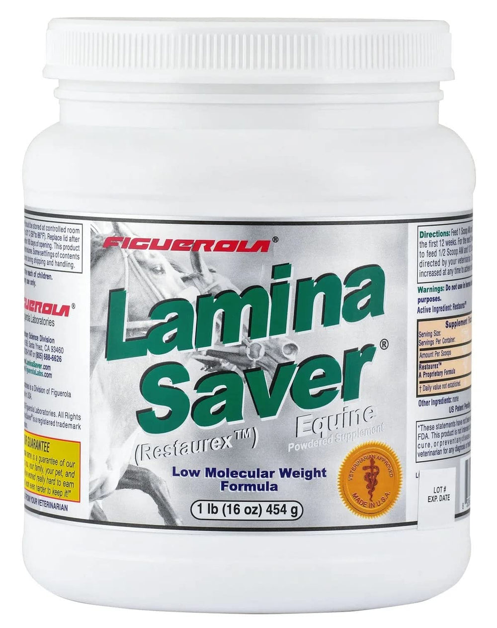 Figuerola LaminaSaver envase de polvo para regeneración celular en caballos.