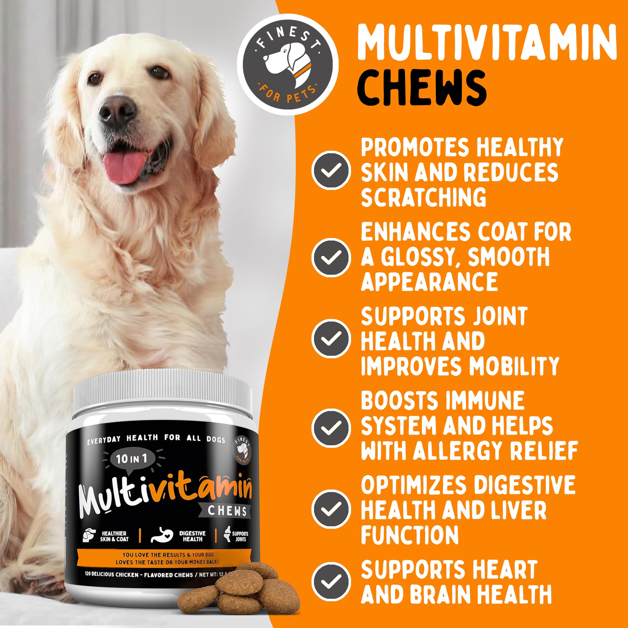 Fineste For Pets multivitamínico, frasco de 120 masticables para dosis diaria.