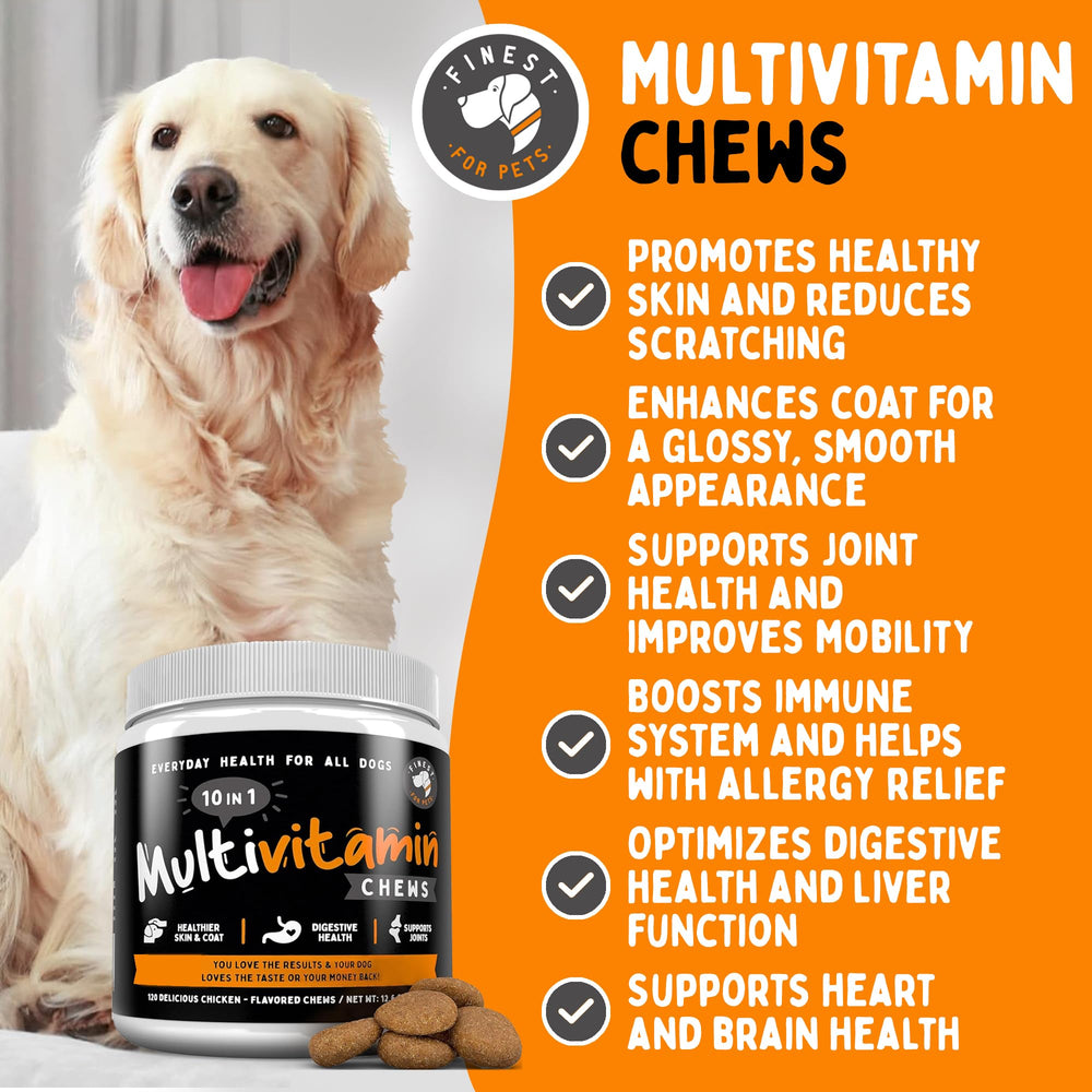 Fineste For Pets multivitamínico, frasco de 120 masticables para dosis diaria.