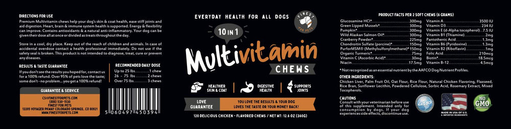Finest For Pets multivitamínico, fabricado en EE. UU. con controles GMP/FDA de calidad.