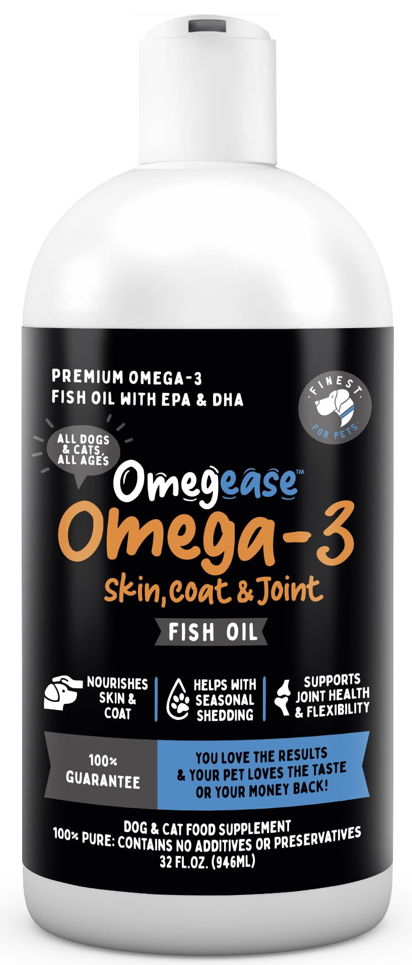 Finest For Pets Omegease, botella de aceite de pescado para piel y pelaje saludables