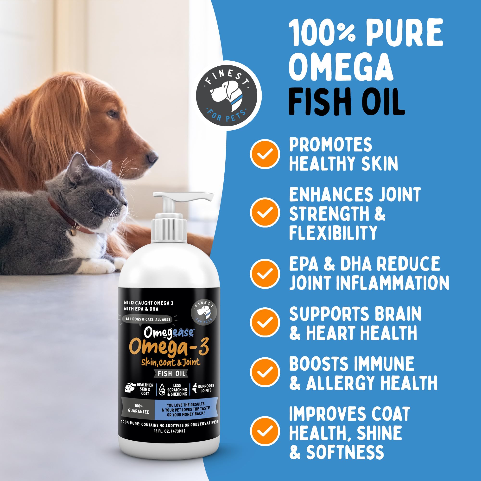 Finest For Pets Omegease, vertido suave para dosis diarias en perros y gatos