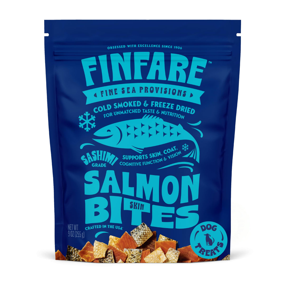 Finfare piel de salmón liofilizada crujiente, ideal como premio nutritivo para entrenar.