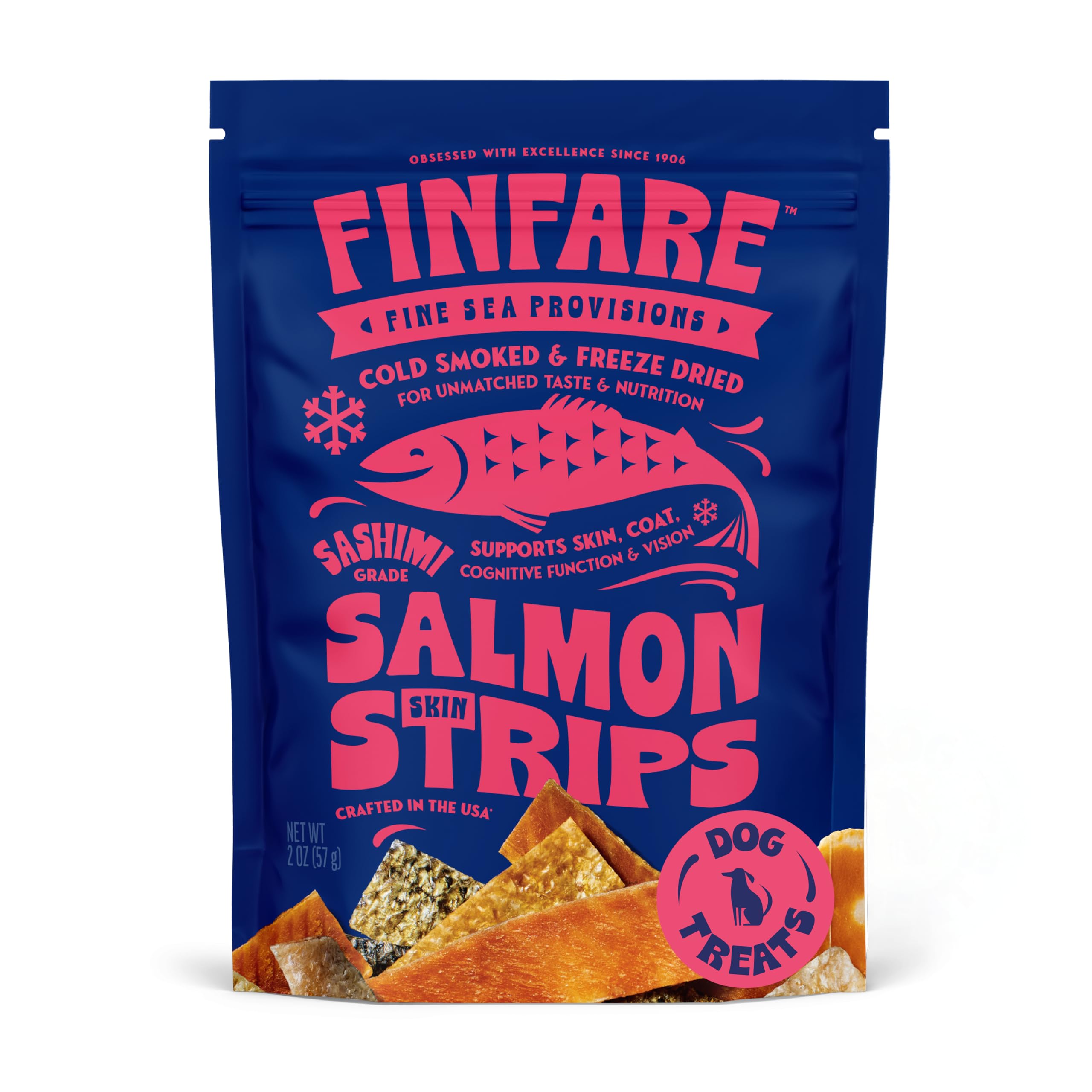 Finfare, empaque frontal de piel de salmón liofilizada para perros, útil para compra rápida.