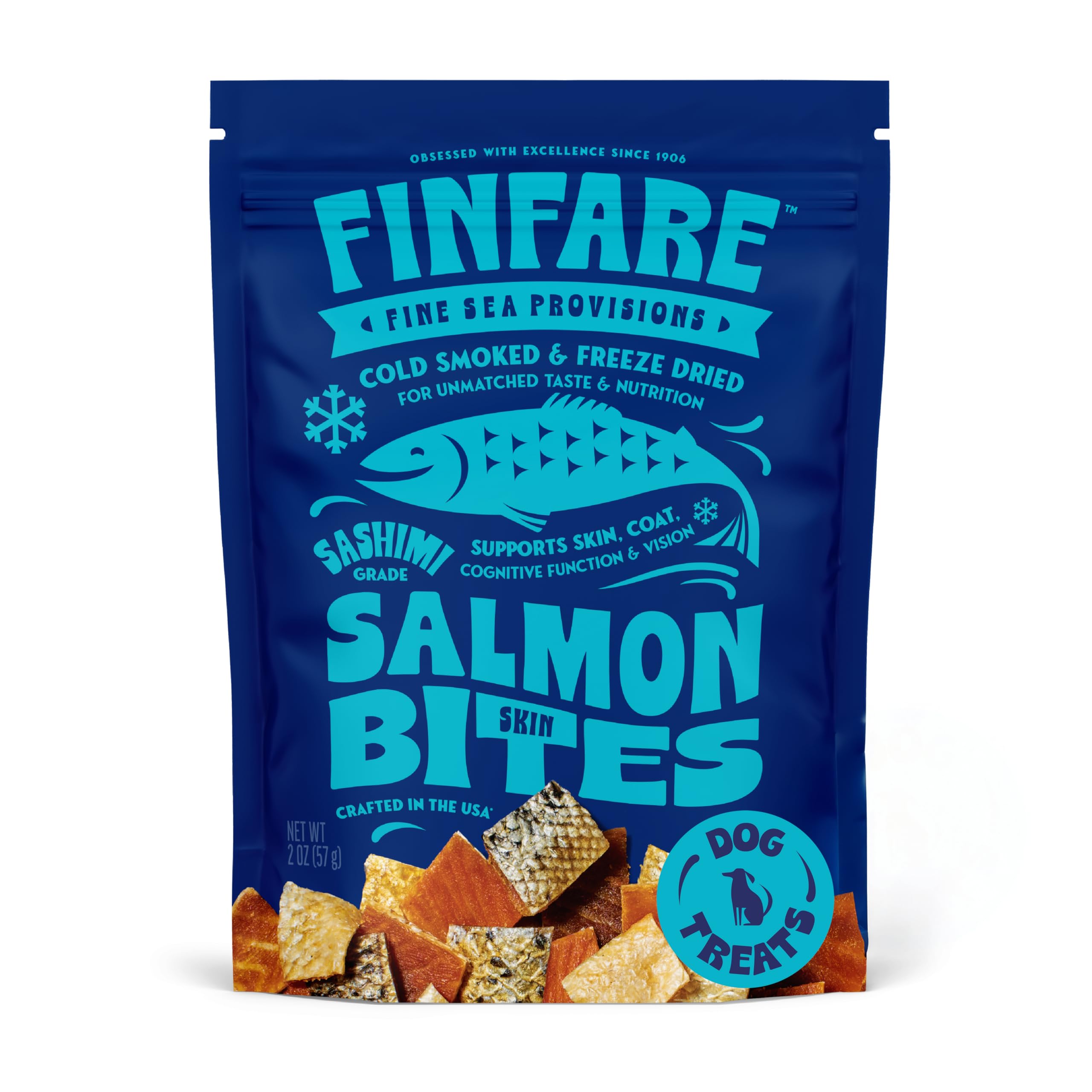 Finfare trozos de salmón crujientes para perros, ideal como recompensa de entrenamiento.