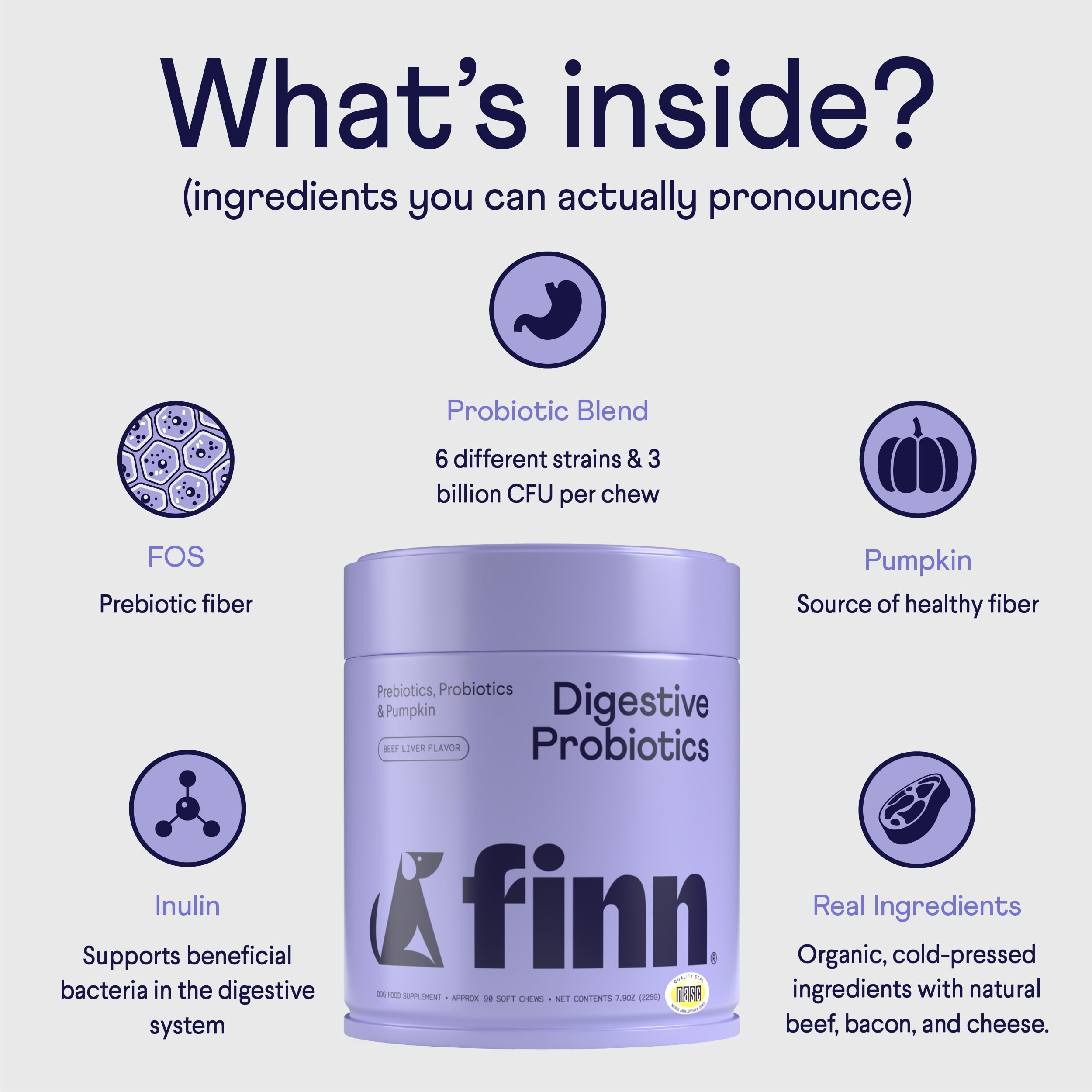Finn Digestive Probiotics para perros: calabaza como fuente natural de fibra en la fórmula