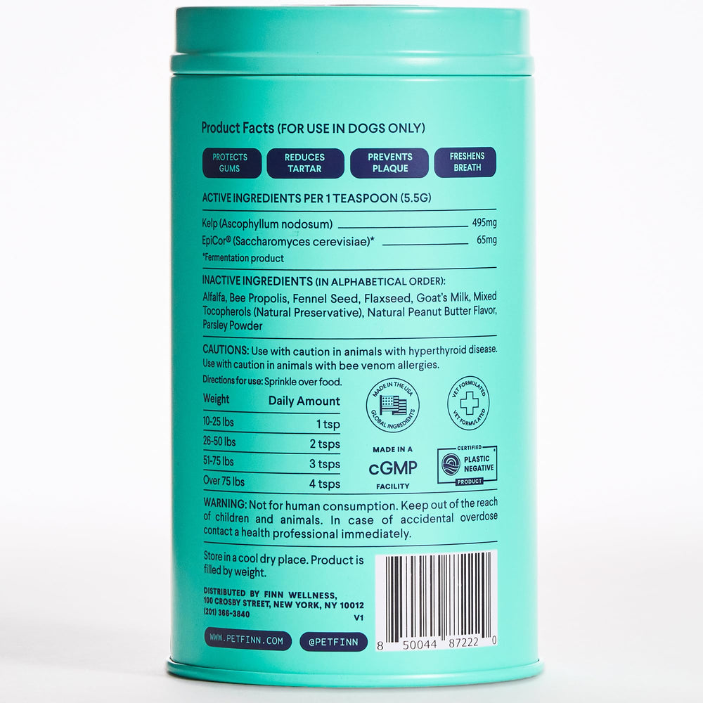 Finn polvo dental para perros, higiene bucal diaria.