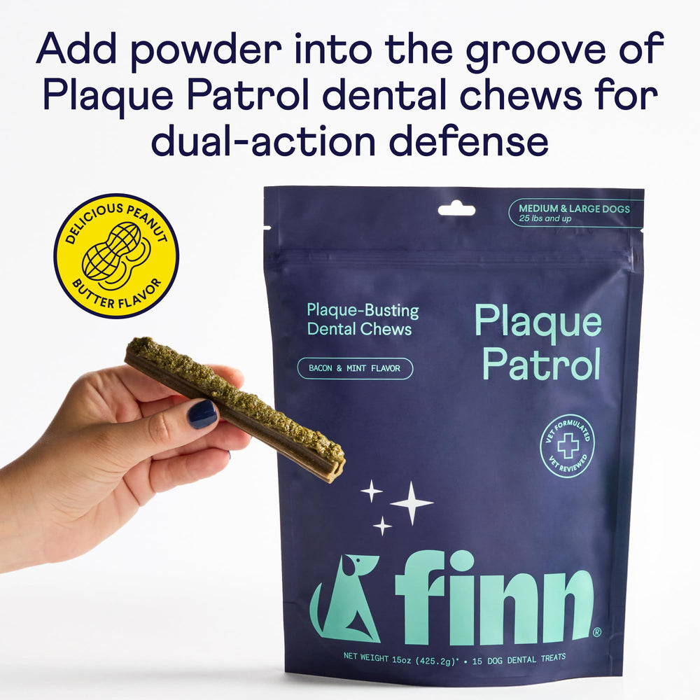 Finn polvo dental para perros, ingredientes de calidad para cuidado bucal.