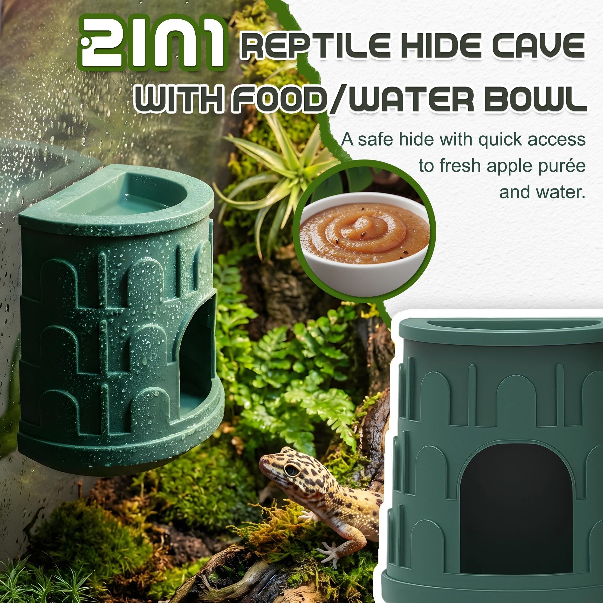 Diseño compacto Fischuel para terrario, ahorro de espacio y refugio sombreado.
