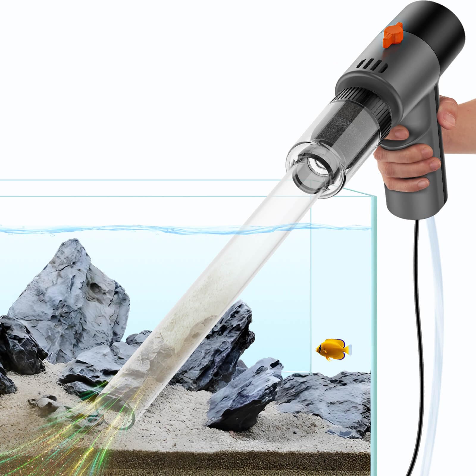 fishands limpiador eléctrico de grava para acuario, sistema de 3 etapas para una limpieza precisa.