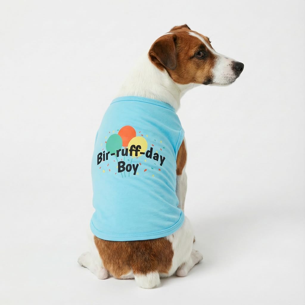 Camiseta Fitwarm con texto de cumpleaños para perro azul, ideal para sesiones.