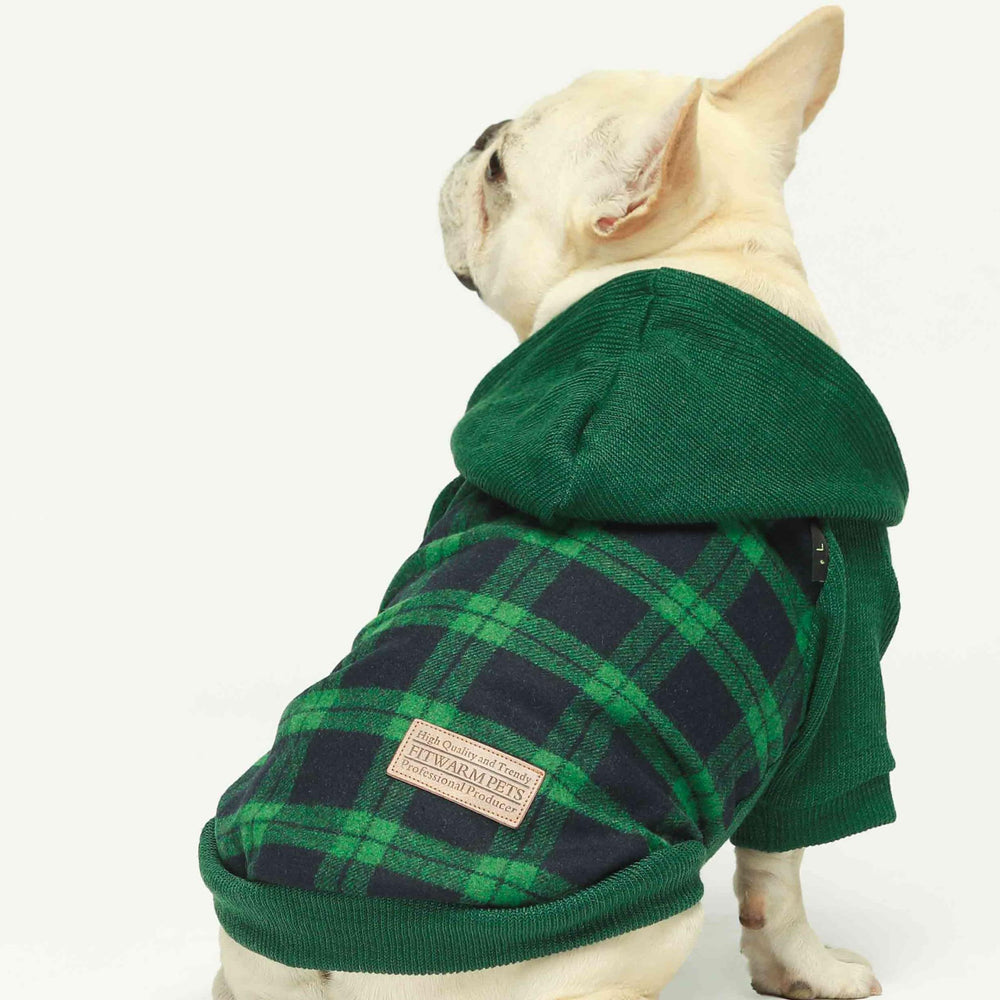 Fitwarm hoodie tartán para perro, vista trasera, estilo festivo.