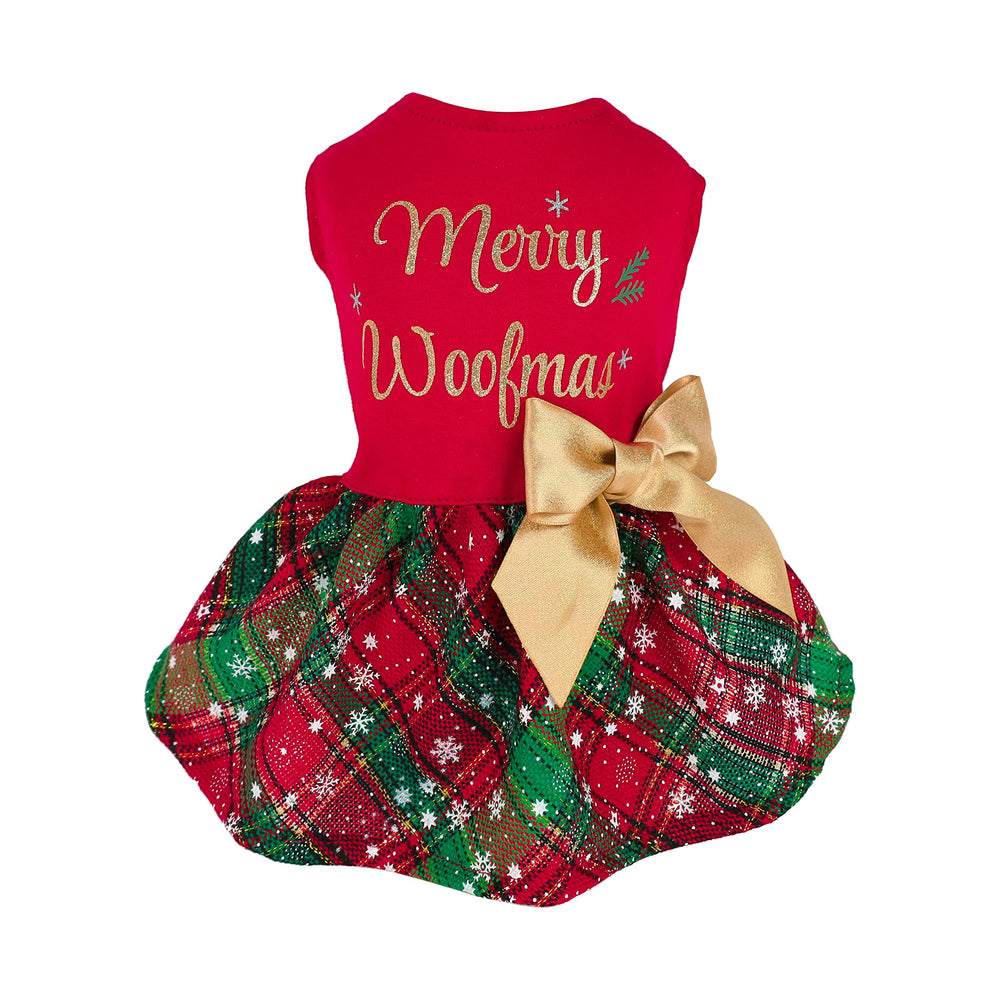 Fitwarm Merry Woofmas vestido navideño frente, ideal para fiestas caninas.