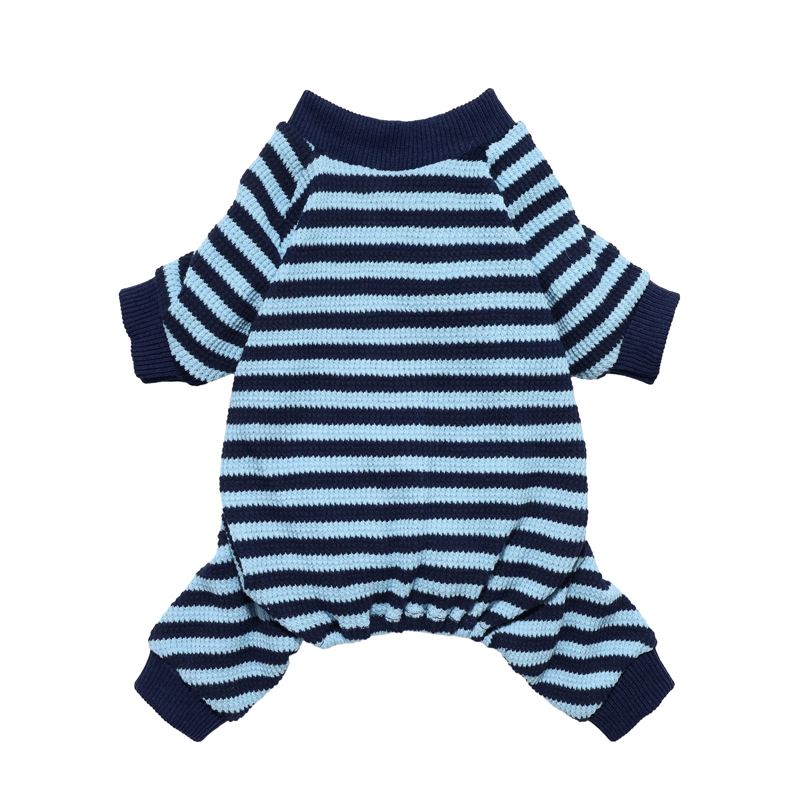 Pijama Fitwarm para perros con rayas azules y blancas, vista frontal, cómodo para dormir.