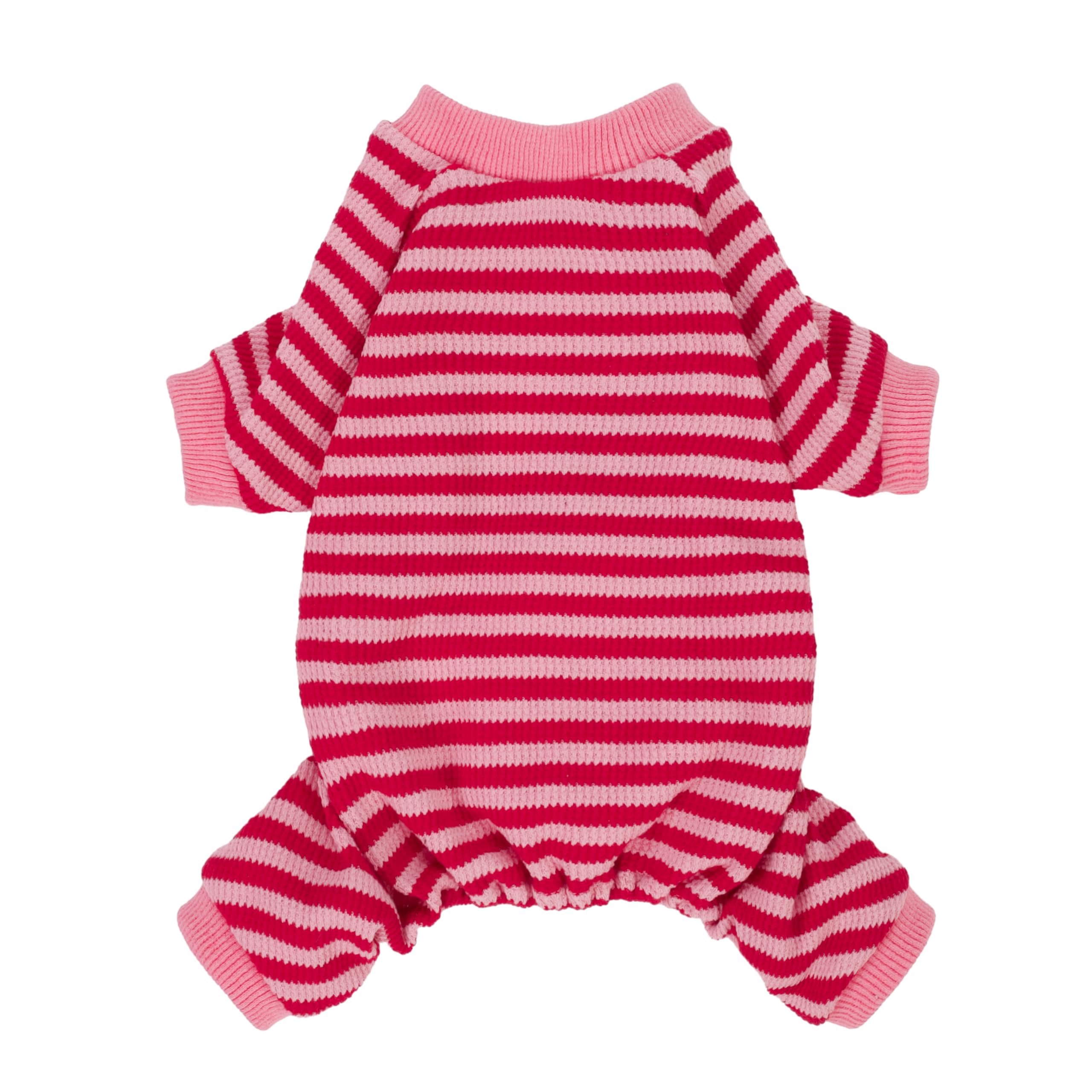 Fitwarm pijama para perros con rayas rosa y rojo, vista frontal, cómodo y cálido.