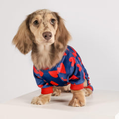 Pijama Fitwarm para perro con corazones rojos, ideal para festejos y descanso.