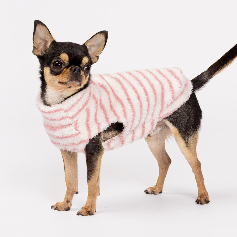 Fitwarm suéter para perro rosa y blanco rayas, estilo atemporal y cómodo.