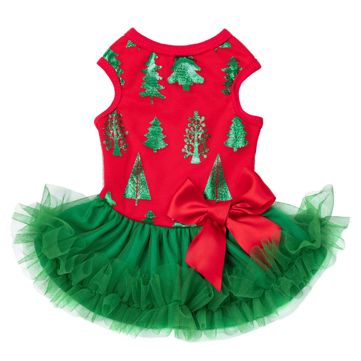 Vestido navideño Fitwarm para perro pequeño con árbol en tul rojo, ideal para fotos festivas.