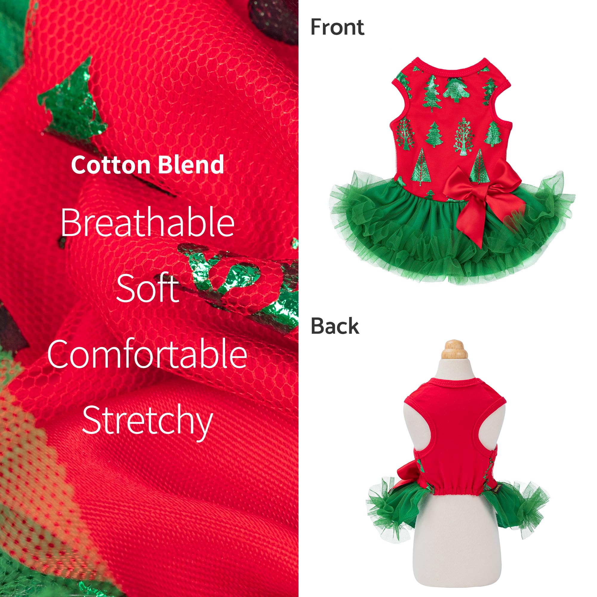 Top rojo con estampado de árbol y tul verde, diseño Fitwarm para eventos.