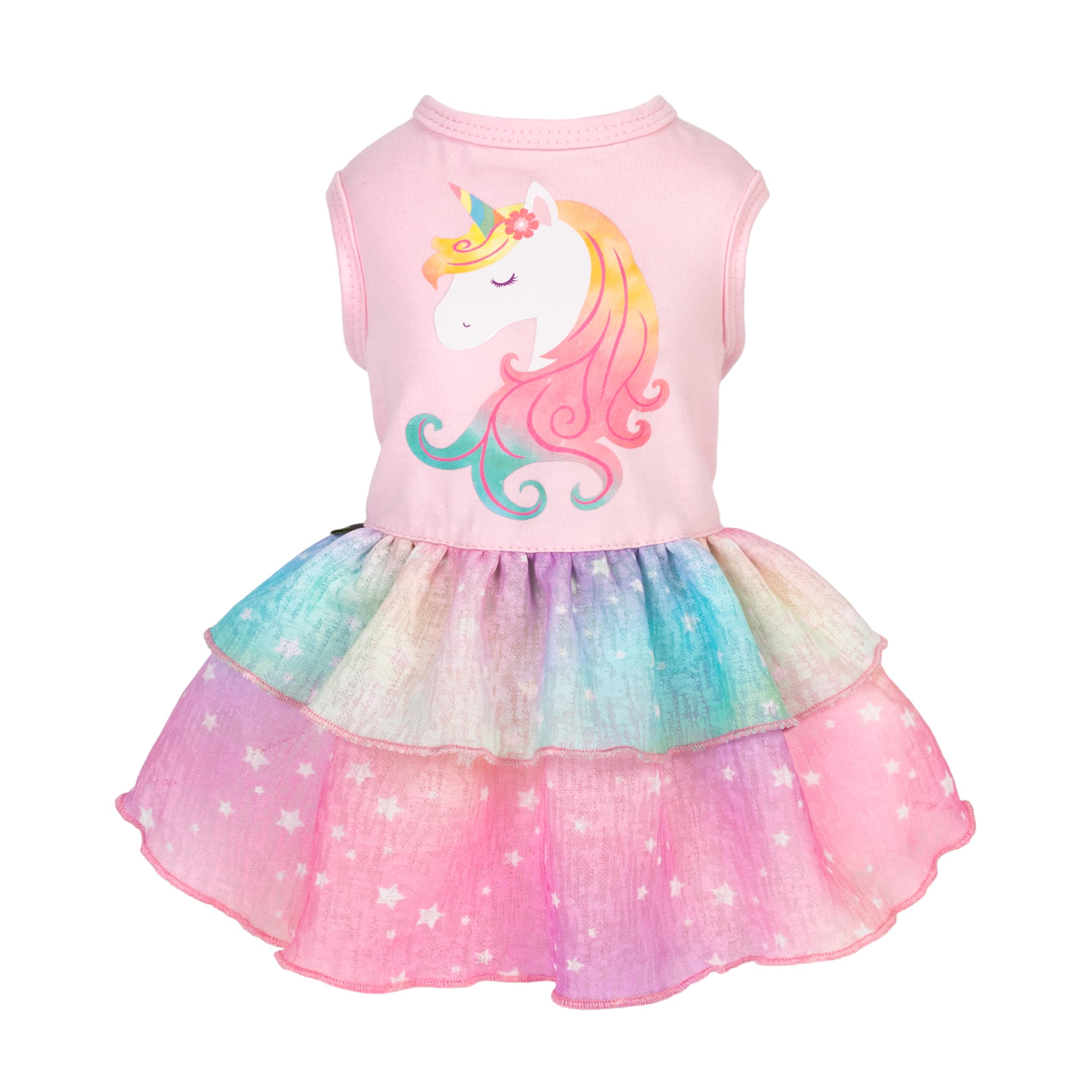 Vestido Fitwarm para perro unicornio arcoíris, vista frontal, ideal para paseos y fotos.