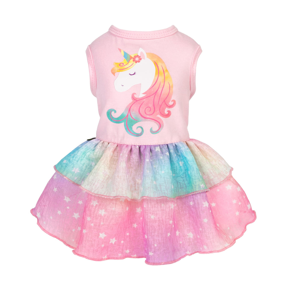 Vestido Fitwarm para perro unicornio arcoíris, vista frontal, ideal para paseos y fotos.
