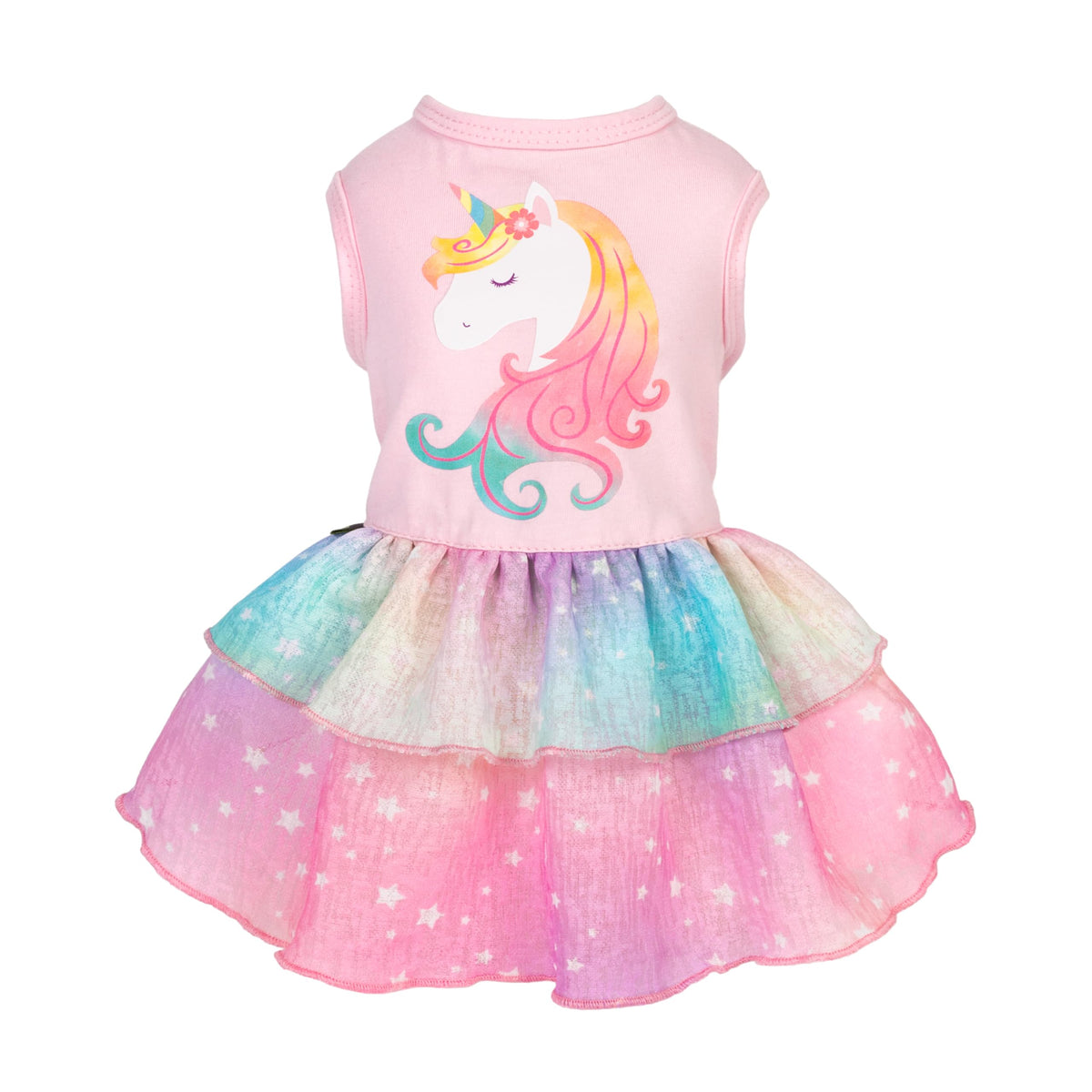Vestido Fitwarm para perro unicornio arcoíris, vista frontal, ideal para paseos y fotos.