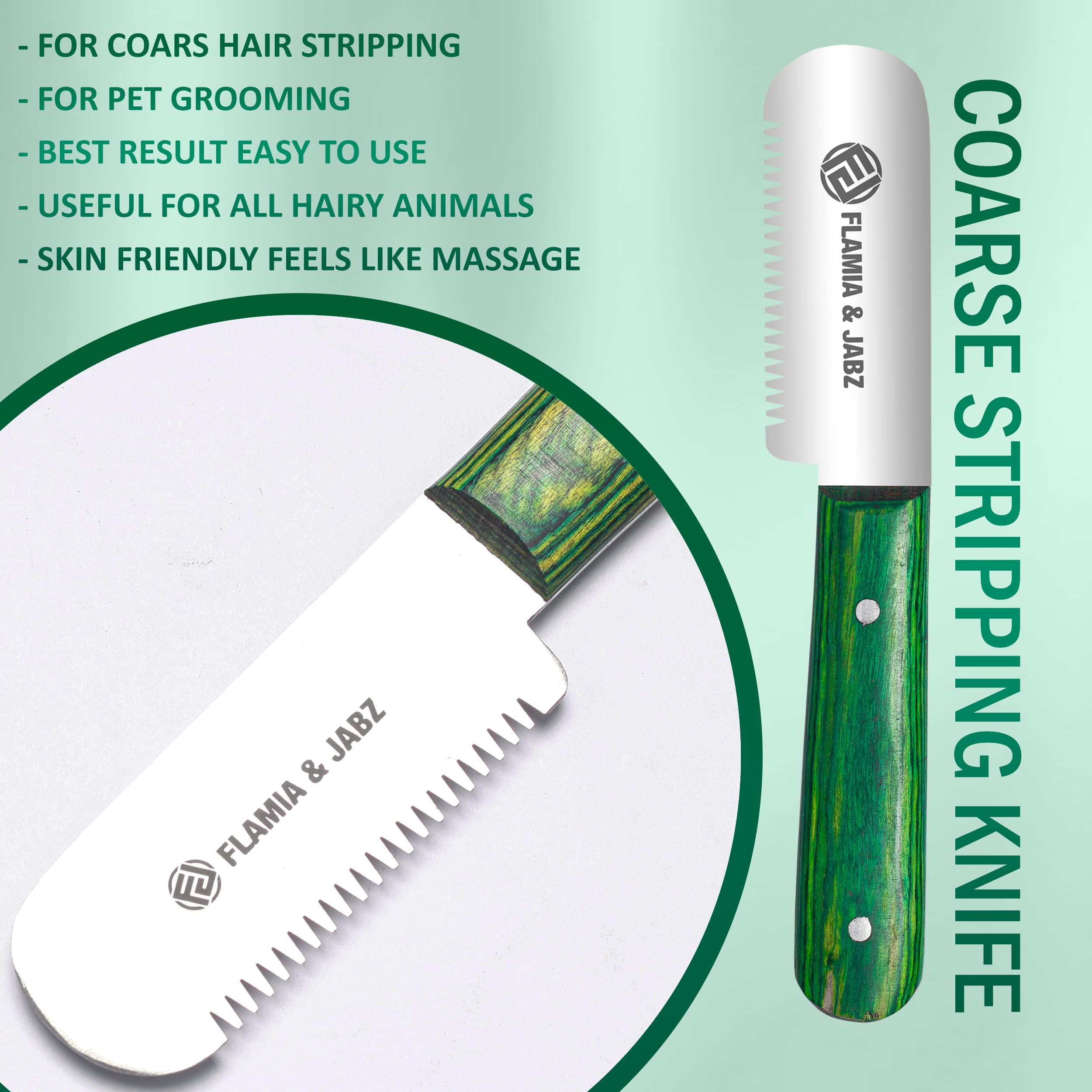 Cuchillo desbaste acero inoxidable verde de FLAMIA Y JABZ para pelaje suave.