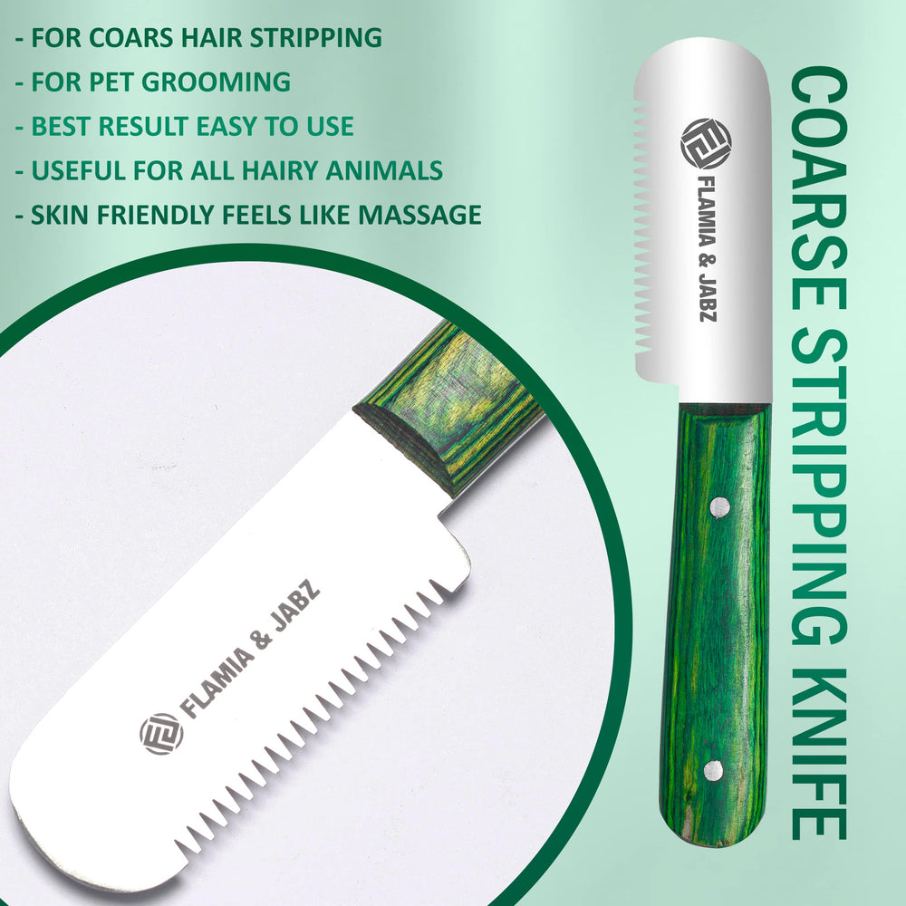 Cuchillo desbaste acero inoxidable verde de FLAMIA Y JABZ para pelaje suave.