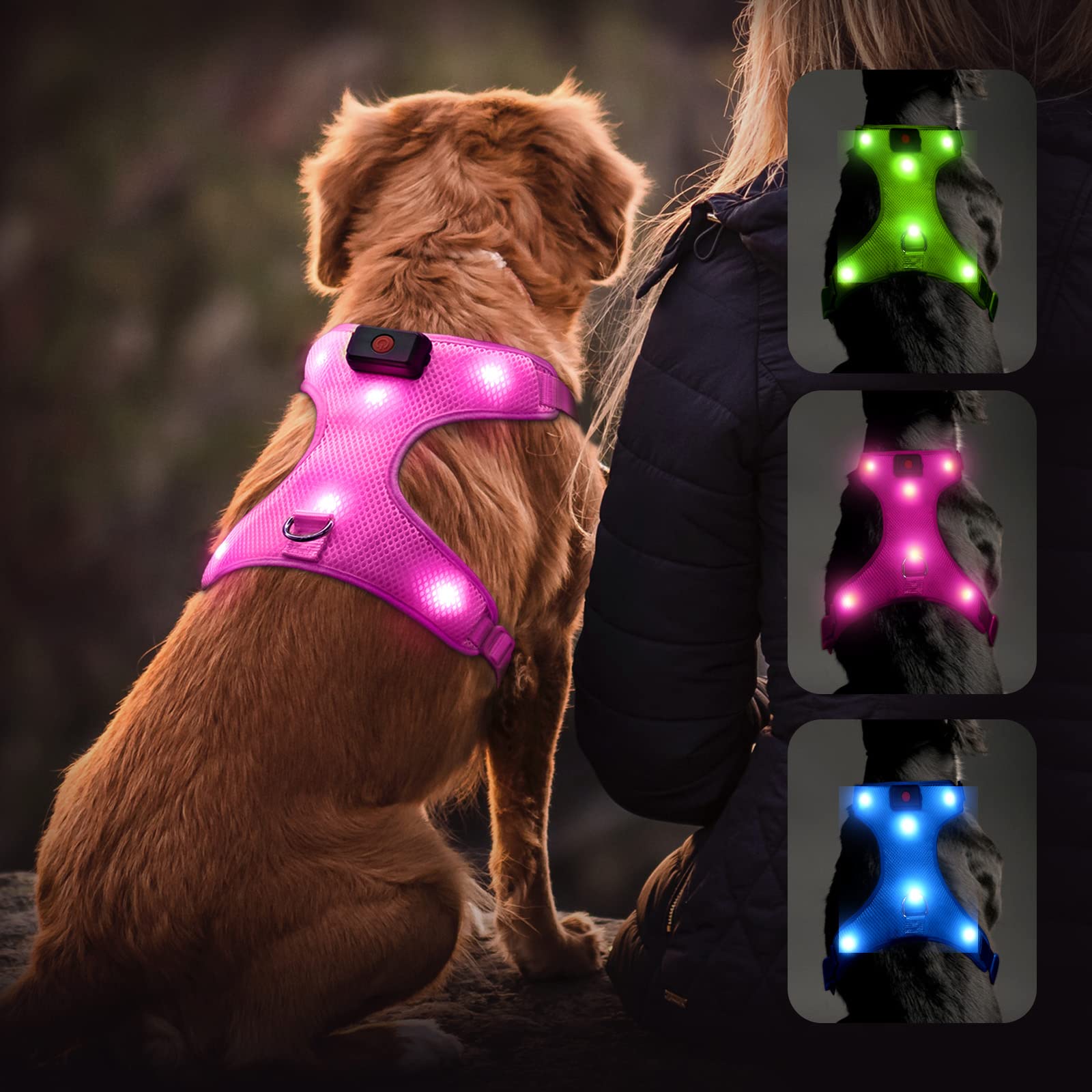 Flashseen arnés LED para perros rosa en talla L con visibilidad nocturna para paseos seguros
