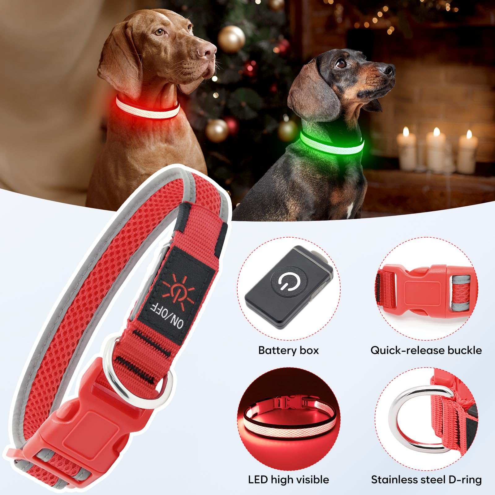 Collar Flashseen LED con nylon resistente para mascotas activas.
