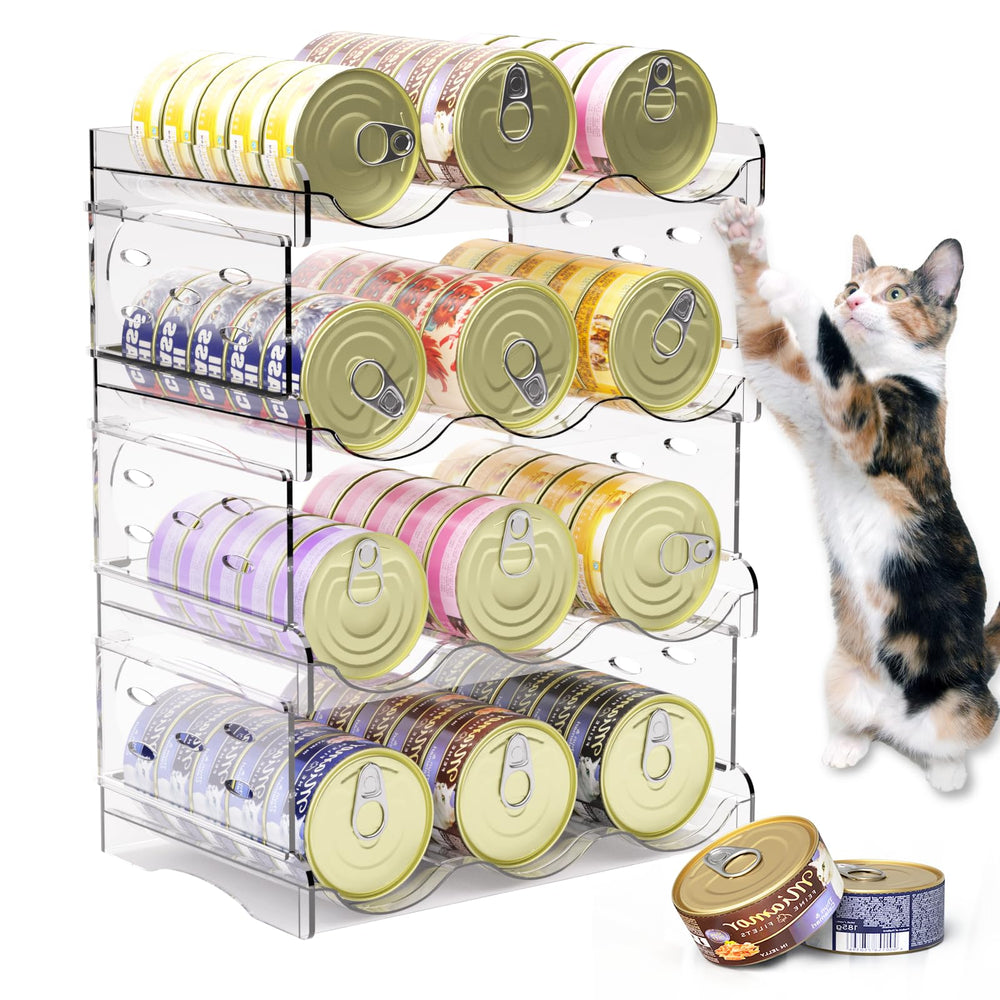 Flenpptly organizador de latas para gatos, vista frontal de cuatro niveles para acceso rápido a latas.