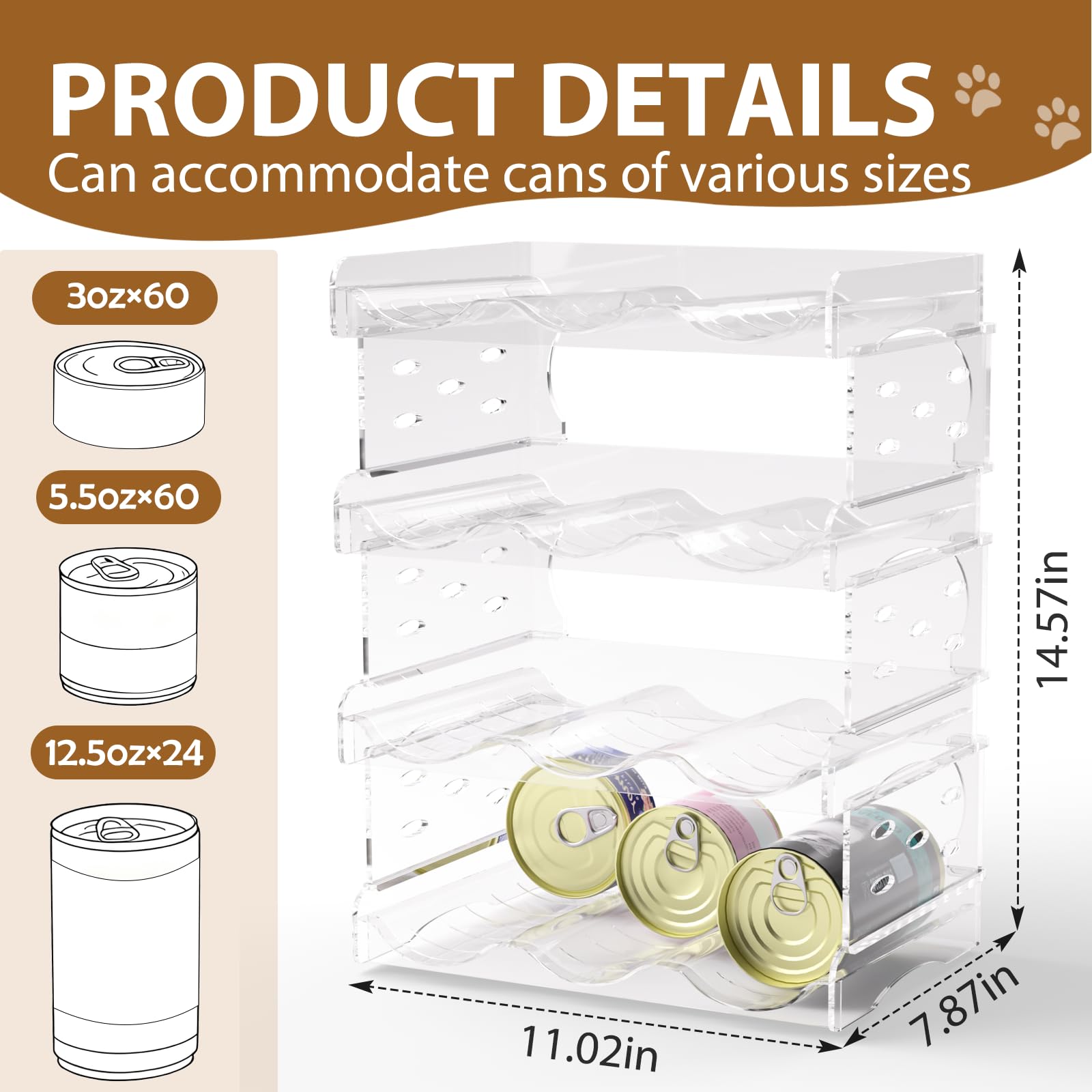 Flenpptly organizador de latas para gatos, vista lateral para ver tamaños compatibles fácilmente.