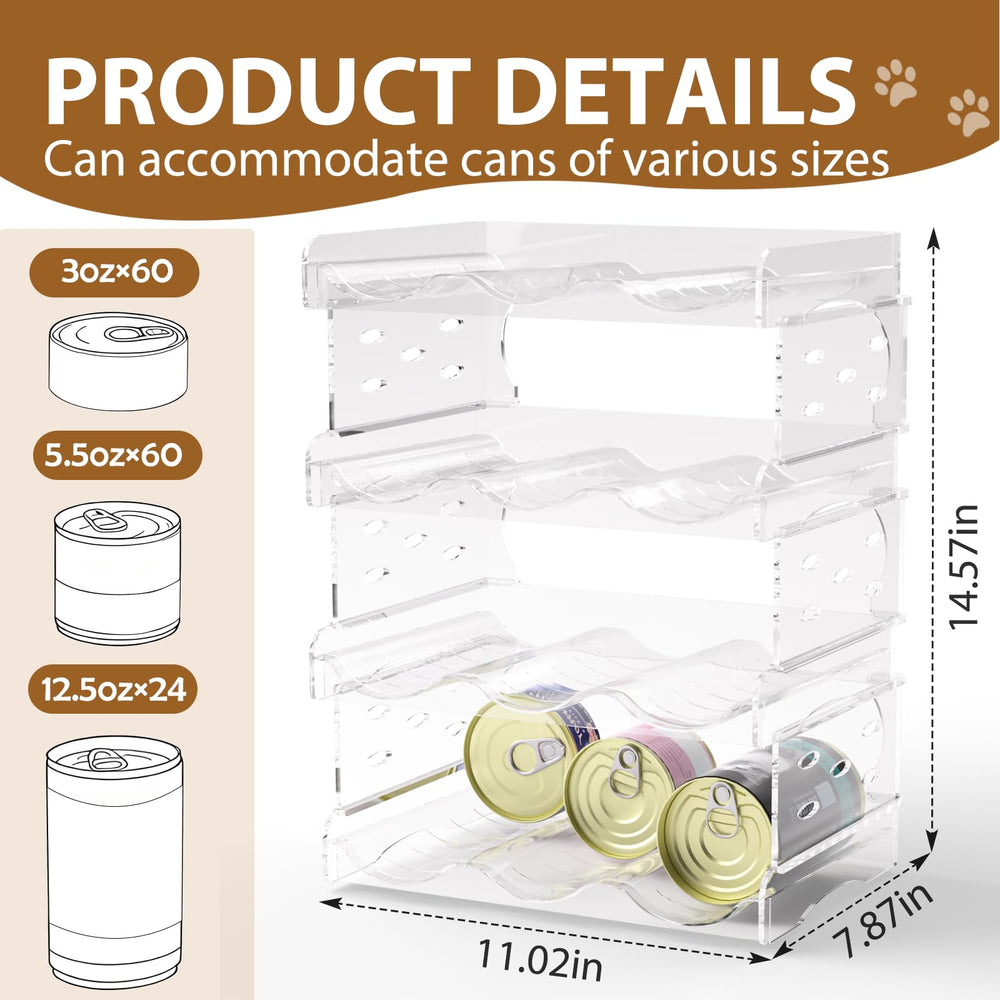Flenpptly organizador de latas para gatos, vista lateral para ver tamaños compatibles fácilmente.