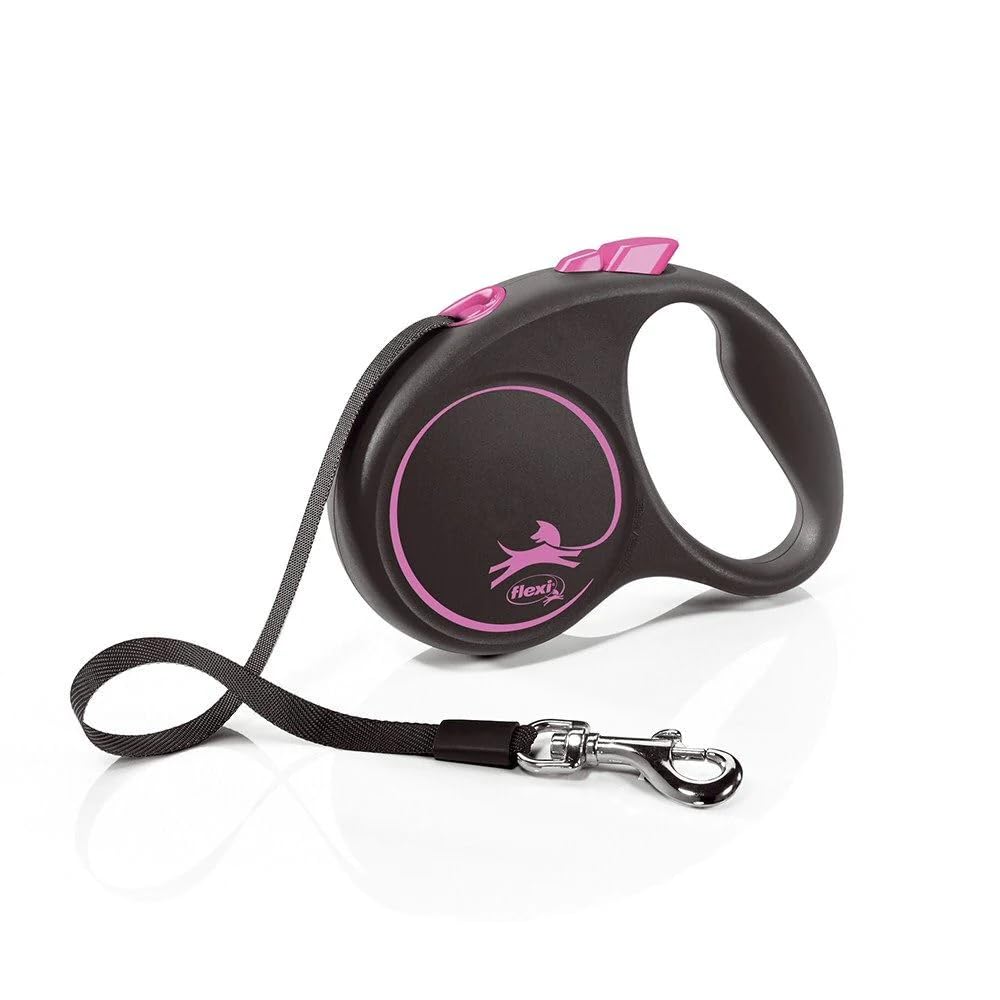 Flexi diseño cinta negra rosa pequeña para paseos controlados con perros de hasta 15 kg