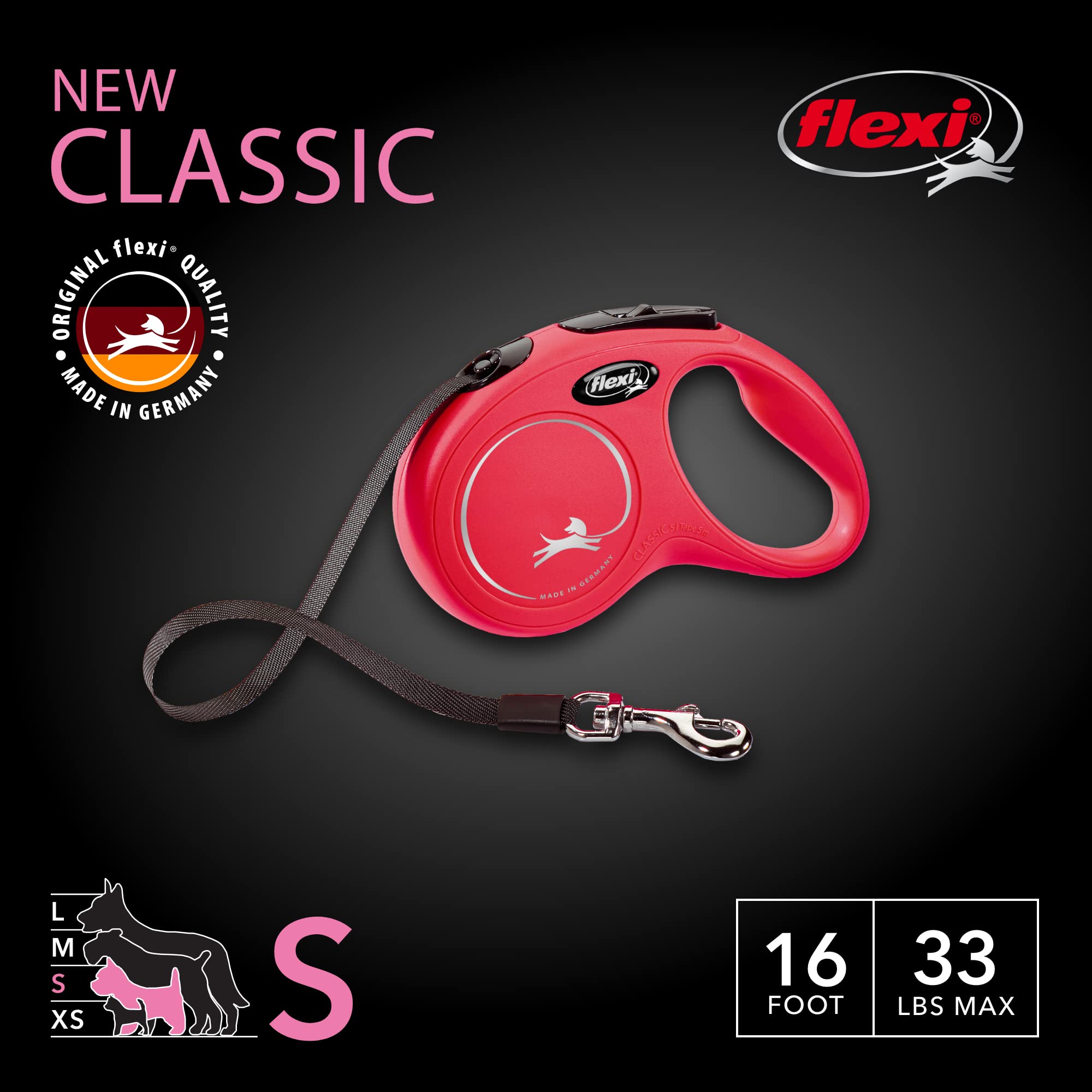 Flexi New Classic: mango ergonómico rojo para un agarre cómodo durante paseos.