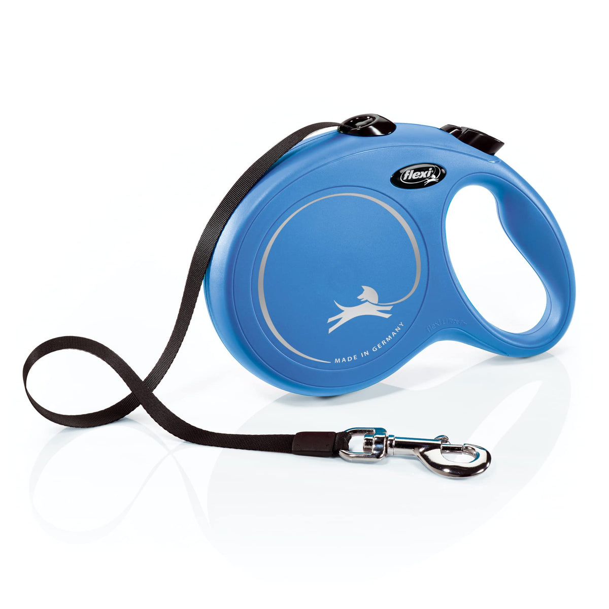Flexi Nuevo Clásico, cinta retráctil de 26 pies, azul, ideal para paseos controlados.