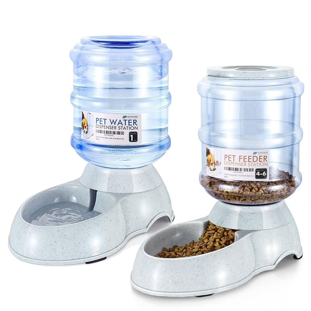 Flexzion alimentador automático, vista frontal, facilita alimentación continua para mascotas.